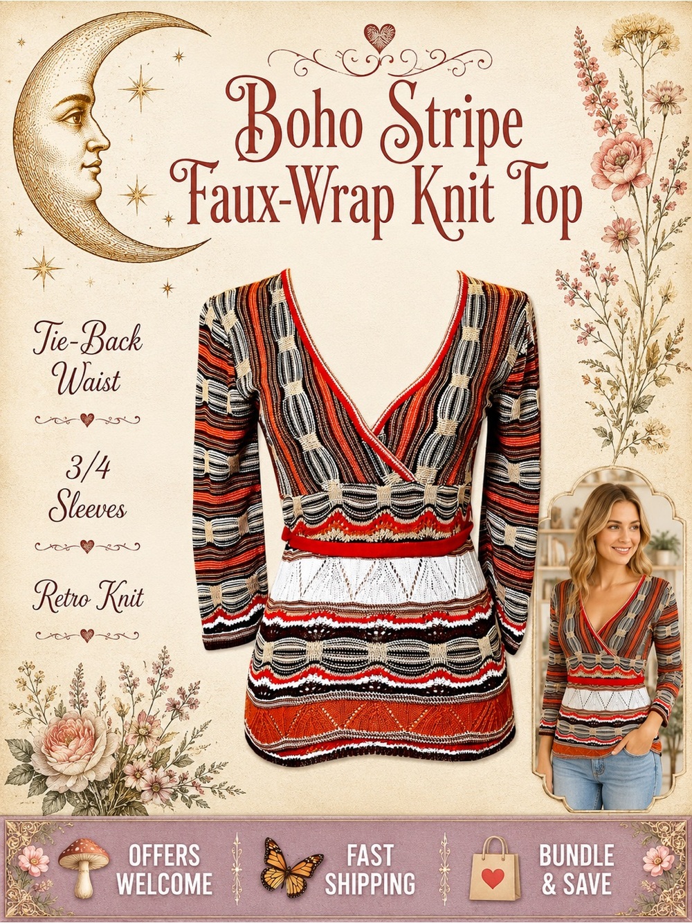 American Attitudes Faux‑Wrap Stripe Knit Top Tie‑Back 3/4 Sleeves Junior S